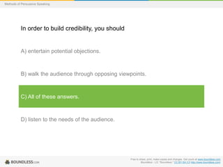 Methods of Persuasive Speaking

In order to build credibility, you should

A) entertain potential objections.

B) walk the audience through opposing viewpoints.

C) All of these answers.

D) listen to the needs of the audience.

Free to share, print, make copies and changes. Get yours at www.boundless.com
Boundless - LO. "Boundless." CC BY-SA 3.0 http://www.boundless.com/

 