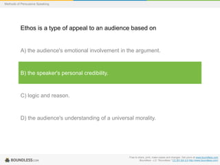 Methods of Persuasive Speaking

Ethos is a type of appeal to an audience based on

A) the audience's emotional involvement in the argument.

B) the speaker's personal credibility.

C) logic and reason.

D) the audience's understanding of a universal morality.

Free to share, print, make copies and changes. Get yours at www.boundless.com
Boundless - LO. "Boundless." CC BY-SA 3.0 http://www.boundless.com/

 