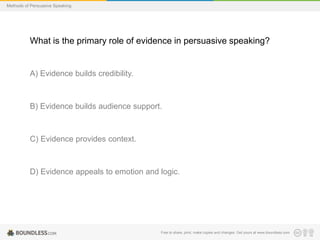 Methods of Persuasive Speaking

What is the primary role of evidence in persuasive speaking?

A) Evidence builds credibility.

B) Evidence builds audience support.

C) Evidence provides context.

D) Evidence appeals to emotion and logic.

Free to share, print, make copies and changes. Get yours at www.boundless.com

 