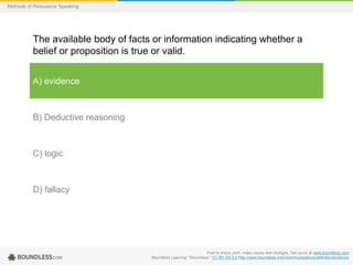 Methods of Persuasive Speaking

The available body of facts or information indicating whether a
belief or proposition is true or valid.
A) evidence

B) Deductive reasoning

C) logic

D) fallacy

Free to share, print, make copies and changes. Get yours at www.boundless.com
Boundless Learning. "Boundless." CC BY-SA 3.0 http://www.boundless.com//communications/definition/evidence

 