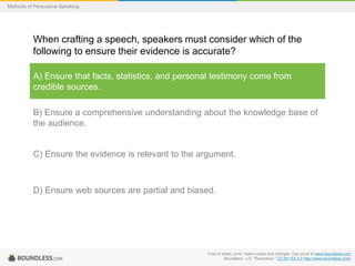 Methods of Persuasive Speaking

When crafting a speech, speakers must consider which of the
following to ensure their evidence is accurate?
A) Ensure that facts, statistics, and personal testimony come from
credible sources.
B) Ensure a comprehensive understanding about the knowledge base of
the audience.

C) Ensure the evidence is relevant to the argument.

D) Ensure web sources are partial and biased.

Free to share, print, make copies and changes. Get yours at www.boundless.com
Boundless - LO. "Boundless." CC BY-SA 3.0 http://www.boundless.com/

 
