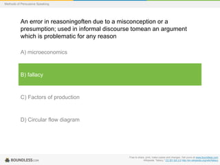 Methods of Persuasive Speaking

An error in reasoningoften due to a misconception or a
presumption; used in informal discourse tomean an argument
which is problematic for any reason
A) microeconomics

B) fallacy

C) Factors of production

D) Circular flow diagram

Free to share, print, make copies and changes. Get yours at www.boundless.com
Wikipedia. "fallacy." CC BY-SA 3.0 http://en.wikipedia.org/wiki/fallacy

 