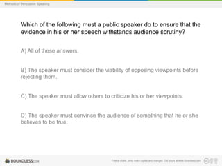 Methods of Persuasive Speaking

Which of the following must a public speaker do to ensure that the
evidence in his or her speech withstands audience scrutiny?
A) All of these answers.

B) The speaker must consider the viability of opposing viewpoints before
rejecting them.

C) The speaker must allow others to criticize his or her viewpoints.

D) The speaker must convince the audience of something that he or she
believes to be true.

Free to share, print, make copies and changes. Get yours at www.boundless.com

 