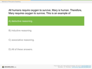 Methods of Persuasive Speaking

All humans require oxygen to survive. Mary is human. Therefore,
Mary requires oxygen to survive. This is an example of
A) deductive reasoning.

B) inductive reasoning.

C) associative reasoning.

D) All of these answers.

Free to share, print, make copies and changes. Get yours at www.boundless.com
Boundless - LO. "Boundless." CC BY-SA 3.0 http://www.boundless.com/

 