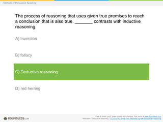 Methods of Persuasive Speaking

The process of reasoning that uses given true premises to reach
a conclusion that is also true. _______ contrasts with inductive
reasoning.
A) Invention

B) fallacy

C) Deductive reasoning

D) red herring

Free to share, print, make copies and changes. Get yours at www.boundless.com
Wikipedia. "Deductive reasoning." CC BY-SA 3.0 http://en.wikipedia.org/wiki/Deductive+reasoning

 