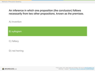Methods of Persuasive Speaking

An inference in which one proposition (the conclusion) follows
necessarily from two other propositions, known as the premises.
A) Invention

B) syllogism

C) fallacy

D) red herring

Free to share, print, make copies and changes. Get yours at www.boundless.com
Wiktionary. "syllogism." CC BY-SA 3.0 http://en.wiktionary.org/wiki/syllogism

 
