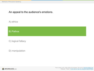 Methods of Persuasive Speaking

An appeal to the audience's emotions.

A) ethics

B) Pathos

C) logical fallacy

D) manipulation

Free to share, print, make copies and changes. Get yours at www.boundless.com
Wikipedia. "Pathos." CC BY-SA 3.0 http://en.wikipedia.org/wiki/Pathos

 