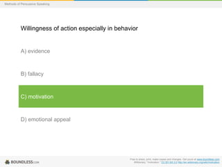 Methods of Persuasive Speaking

Willingness of action especially in behavior

A) evidence

B) fallacy

C) motivation

D) emotional appeal

Free to share, print, make copies and changes. Get yours at www.boundless.com
Wiktionary. "motivation." CC BY-SA 3.0 http://en.wiktionary.org/wiki/motivation

 
