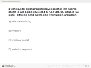 Methods of Persuasive Speaking

a technique for organizing persuasive speeches that inspires
people to take action, developed by Alan Monroe. Includes five
steps—attention, need, satisfaction, visualization, and action.
A) Inductive reasoning

B) syllogism

C) emotional appeal

D) Motivated sequence

Free to share, print, make copies and changes. Get yours at www.boundless.com

 