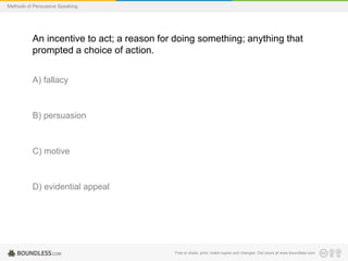 Methods of Persuasive Speaking

An incentive to act; a reason for doing something; anything that
prompted a choice of action.
A) fallacy

B) persuasion

C) motive

D) evidential appeal

Free to share, print, make copies and changes. Get yours at www.boundless.com

 