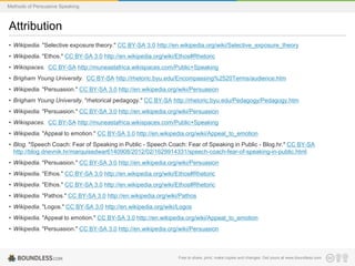 Methods of Persuasive Speaking

Attribution
• Wikipedia. "Selective exposure theory." CC BY-SA 3.0 http://en.wikipedia.org/wiki/Selective_exposure_theory
• Wikipedia. "Ethos." CC BY-SA 3.0 http://en.wikipedia.org/wiki/Ethos#Rhetoric
• Wikispaces. CC BY-SA http://muneastafrica.wikispaces.com/Public+Speaking
• Brigham Young University. CC BY-SA http://rhetoric.byu.edu/Encompassing%2520Terms/audience.htm
• Wikipedia. "Persuasion." CC BY-SA 3.0 http://en.wikipedia.org/wiki/Persuasion
• Brigham Young University. "rhetorical pedagogy." CC BY-SA http://rhetoric.byu.edu/Pedagogy/Pedagogy.htm
• Wikipedia. "Persuasion." CC BY-SA 3.0 http://en.wikipedia.org/wiki/Persuasion
• Wikispaces. CC BY-SA http://muneastafrica.wikispaces.com/Public+Speaking
• Wikipedia. "Appeal to emotion." CC BY-SA 3.0 http://en.wikipedia.org/wiki/Appeal_to_emotion

• Blog. "Speech Coach: Fear of Speaking in Public - Speech Coach: Fear of Speaking in Public - Blog.hr." CC BY-SA
http://blog.dnevnik.hr/marquisedwar6140908/2012/02/1629914331/speech-coach-fear-of-speaking-in-public.html
• Wikipedia. "Persuasion." CC BY-SA 3.0 http://en.wikipedia.org/wiki/Persuasion
• Wikipedia. "Ethos." CC BY-SA 3.0 http://en.wikipedia.org/wiki/Ethos#Rhetoric
• Wikipedia. "Ethos." CC BY-SA 3.0 http://en.wikipedia.org/wiki/Ethos#Rhetoric
• Wikipedia. "Pathos." CC BY-SA 3.0 http://en.wikipedia.org/wiki/Pathos

• Wikipedia. "Logos." CC BY-SA 3.0 http://en.wikipedia.org/wiki/Logos
• Wikipedia. "Appeal to emotion." CC BY-SA 3.0 http://en.wikipedia.org/wiki/Appeal_to_emotion
• Wikipedia. "Persuasion." CC BY-SA 3.0 http://en.wikipedia.org/wiki/Persuasion

Free to share, print, make copies and changes. Get yours at www.boundless.com

 