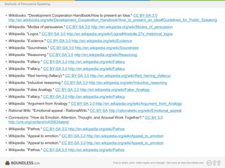 Methods of Persuasive Speaking

• Wikibooks. "Development Cooperation Handbook/How to present an idea." CC BY-SA 3.0
http://en.wikibooks.org/wiki/Development_Cooperation_Handbook/How_to_present_an_idea#Guidelines_for_Public_Speaking
• Wikipedia. "Modes of persuasion." CC BY-SA 3.0 http://en.wikipedia.org/wiki/Modes_of_persuasion
• Wikipedia. "Logos." CC BY-SA 3.0 http://en.wikipedia.org/wiki/Logos#Aristotle.27s_rhetorical_logos
• Wikipedia. "Evidence." CC BY-SA 3.0 http://en.wikipedia.org/wiki/Evidence
• Wikipedia. "Soundness." CC BY-SA 3.0 http://en.wikipedia.org/wiki/Soundness
• Wikipedia. "Reasoning." CC BY-SA 3.0 http://en.wikipedia.org/wiki/Reasoning
• Wikipedia. "Fallacy." CC BY-SA 3.0 http://en.wikipedia.org/wiki/Fallacy
• Wikipedia. "Fallacy." CC BY-SA 3.0 http://en.wikipedia.org/wiki/Fallacy
• Wikipedia. "Red herring (fallacy)." CC BY-SA 3.0 http://en.wikipedia.org/wiki/Red_herring_(fallacy)
• Wikipedia. "Inductive reasoning." CC BY-SA 3.0 http://en.wikipedia.org/wiki/Inductive_reasoning

• Wikipedia. "False Analogy." CC BY-SA 3.0 http://en.wikipedia.org/wiki/False_Analogy
• Wikipedia. "Fallacy." CC BY-SA 3.0 http://en.wikipedia.org/wiki/Fallacy
• Wikipedia. "Argument from Analogy." CC BY-SA 3.0 http://en.wikipedia.org/wiki/Argument_from_Analogy
• Rational Wiki. "Emotional appeal - RationalWiki." CC BY-SA http://rationalwiki.org/wiki/Emotional_appeal
• Connexions. "How do Emotion, Attention, Thought, and Arousal Work Together?." CC BY 3.0
http://cnx.org/content/m43583/latest/

• Wikipedia. "Pathos." CC BY-SA 3.0 http://en.wikipedia.org/wiki/Pathos
• Wikipedia. "Appeal to emotion." CC BY-SA 3.0 http://en.wikipedia.org/wiki/Appeal_to_emotion
• Wikipedia. "Appeal to emotion." CC BY-SA 3.0 http://en.wikipedia.org/wiki/Appeal_to_emotion
• Wikipedia. "Pathos." CC BY-SA 3.0 http://en.wikipedia.org/wiki/Pathos

Free to share, print, make copies and changes. Get yours at www.boundless.com

 