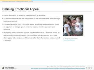 Methods of Persuasive Speaking > Emotional Appeals

Defining Emotional Appeal
• Pathos represents an appeal to the emotions of an audience.
• An emotional appeal uses the manipulation of the emotions rather than valid logic

to win an argument.
• Emotional appeal is a<b> </b>logical fallacy, whereby a debater attempts to win
an argument by trying to get an emotional reaction from the opponent and
audience.
• In debating terms, emotional appeals are often effective as a rhetorical device, but
are generally considered naive or dishonest as a logical argument, since they

often appeal to the prejudices of listeners rather than offer a sober assessment of

A father with his children

a situation.

View on Boundless.com

Free to share, print, make copies and changes. Get yours at www.boundless.com
www.boundless.com/communications/methods-of-persuasive-speaking/emotional-appeals/defining-emotional-appeal

 