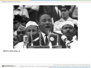 Methods of Persuasive Speaking

Martin Luther King, Jr.

Free to share, print, make copies and changes. Get yours at www.boundless.com
Fotopedia. "Martin Luther King Jr. - I Have A Dream Speech by e-strategyblog.com in 1964 - Martin Luther King, Jr., Nobel Prize - The Fotopedia Community
Pictures ." CC BY http://www.fotopedia.com/items/flickr-1054179588 View on Boundless.com

 