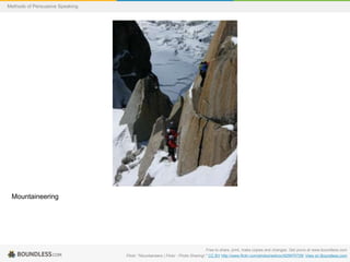 Methods of Persuasive Speaking

Mountaineering

Free to share, print, make copies and changes. Get yours at www.boundless.com
Flickr. "Mountaineers | Flickr - Photo Sharing!." CC BY http://www.flickr.com/photos/eelcoc/829975729/ View on Boundless.com

 