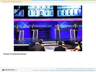 Methods of Persuasive Speaking

Chilean Presidential Debate

Free to share, print, make copies and changes. Get yours at www.boundless.com
Wikimedia. "Debate Anatel 2009." CC BY http://commons.wikimedia.org/wiki/File:Debate_Anatel_2009.jpg View on Boundless.com

 