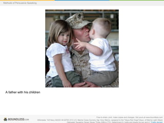 Methods of Persuasive Speaking

A father with his children

Free to share, print, make copies and changes. Get yours at www.boundless.com
Wikimedia. "US Navy 040331-M-2270C-013 U.S. Marine Corps Gunnery Sgt. Kory Marino, assigned to the ^ldquo,Red Dogs^rdquo, of Marine Light Attack
Helicopter Squadron Seven Seven Three (HMLA-773), Detachment A, holds and kisses his son and d." Public domain

 