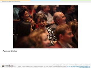 Methods of Persuasive Speaking

Audience Emotion

Free to share, print, make copies and changes. Get yours at www.boundless.com
Schipul. "The Up Experience 2011 Audience in Houston, TX - Photo Schipul - The Web Marketing Company." CC BY http://www.schipul.com/photos/3686/in/122/
View on Boundless.com

 