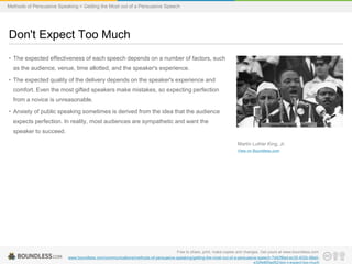 Methods of Persuasive Speaking > Getting the Most out of a Persuasive Speech

Don't Expect Too Much
• The expected effectiveness of each speech depends on a number of factors, such
as the audience, venue, time allotted, and the speaker's experience.

• The expected quality of the delivery depends on the speaker's experience and
comfort. Even the most gifted speakers make mistakes, so expecting perfection
from a novice is unreasonable.
• Anxiety of public speaking sometimes is derived from the idea that the audience
expects perfection. In reality, most audiences are sympathetic and want the
speaker to succeed.
Martin Luther King, Jr.
View on Boundless.com

Free to share, print, make copies and changes. Get yours at www.boundless.com
www.boundless.com/communications/methods-of-persuasive-speaking/getting-the-most-out-of-a-persuasive-speech-7d42f6ed-ec35-402b-98a0e32fe865ad52/don-t-expect-too-much

 