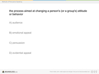 Methods of Persuasive Speaking

the process aimed at changing a person's (or a group's) attitude
or behavior
A) audience

B) emotional appeal

C) persuasion

D) evidential appeal

Free to share, print, make copies and changes. Get yours at www.boundless.com

 