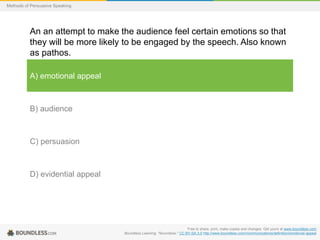 Methods of Persuasive Speaking

An an attempt to make the audience feel certain emotions so that
they will be more likely to be engaged by the speech. Also known
as pathos.
A) emotional appeal

B) audience

C) persuasion

D) evidential appeal

Free to share, print, make copies and changes. Get yours at www.boundless.com
Boundless Learning. "Boundless." CC BY-SA 3.0 http://www.boundless.com//communications/definition/emotional-appeal

 