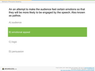 Methods of Persuasive Speaking

An an attempt to make the audience feel certain emotions so that
they will be more likely to be engaged by the speech. Also known
as pathos.
A) audience

B) emotional appeal

C) logic

D) persuasion

Free to share, print, make copies and changes. Get yours at www.boundless.com
Boundless Learning. "Boundless." CC BY-SA 3.0
http://www.boundless.com//communications/definition/emotional-appeal

 