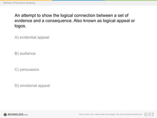 Methods of Persuasive Speaking

An attempt to show the logical connection between a set of
evidence and a consequence. Also known as logical appeal or
logos.
A) evidential appeal

B) audience

C) persuasion

D) emotional appeal

Free to share, print, make copies and changes. Get yours at www.boundless.com

 