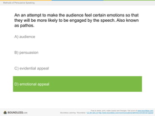 Methods of Persuasive Speaking

An an attempt to make the audience feel certain emotions so that
they will be more likely to be engaged by the speech. Also known
as pathos.
A) audience

B) persuasion

C) evidential appeal

D) emotional appeal

Free to share, print, make copies and changes. Get yours at www.boundless.com
Boundless Learning. "Boundless." CC BY-SA 3.0 http://www.boundless.com//communications/definition/emotional-appeal

 