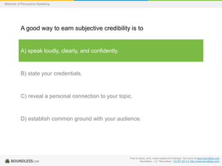 Methods of Persuasive Speaking

A good way to earn subjective credibility is to

A) speak loudly, clearly, and confidently.

B) state your credentials.

C) reveal a personal connection to your topic.

D) establish common ground with your audience.

Free to share, print, make copies and changes. Get yours at www.boundless.com
Boundless - LO. "Boundless." CC BY-SA 3.0 http://www.boundless.com/

 