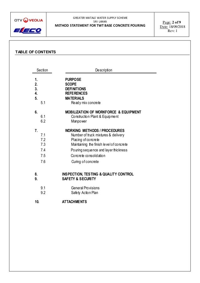 Method statement tank base concrete pouring