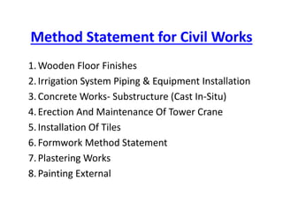 Method statement for civil works | PDF