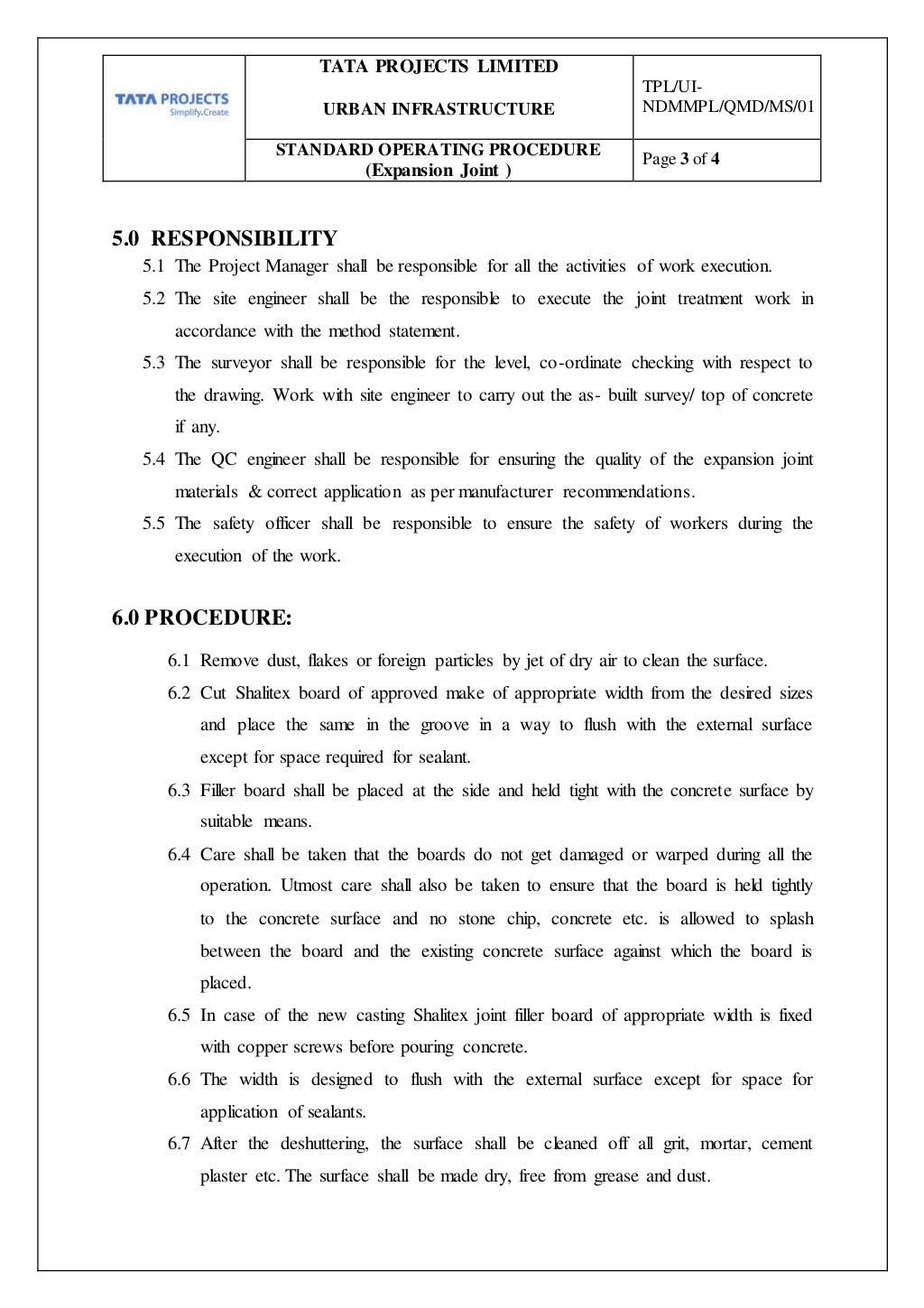 Method statement for expansion joint