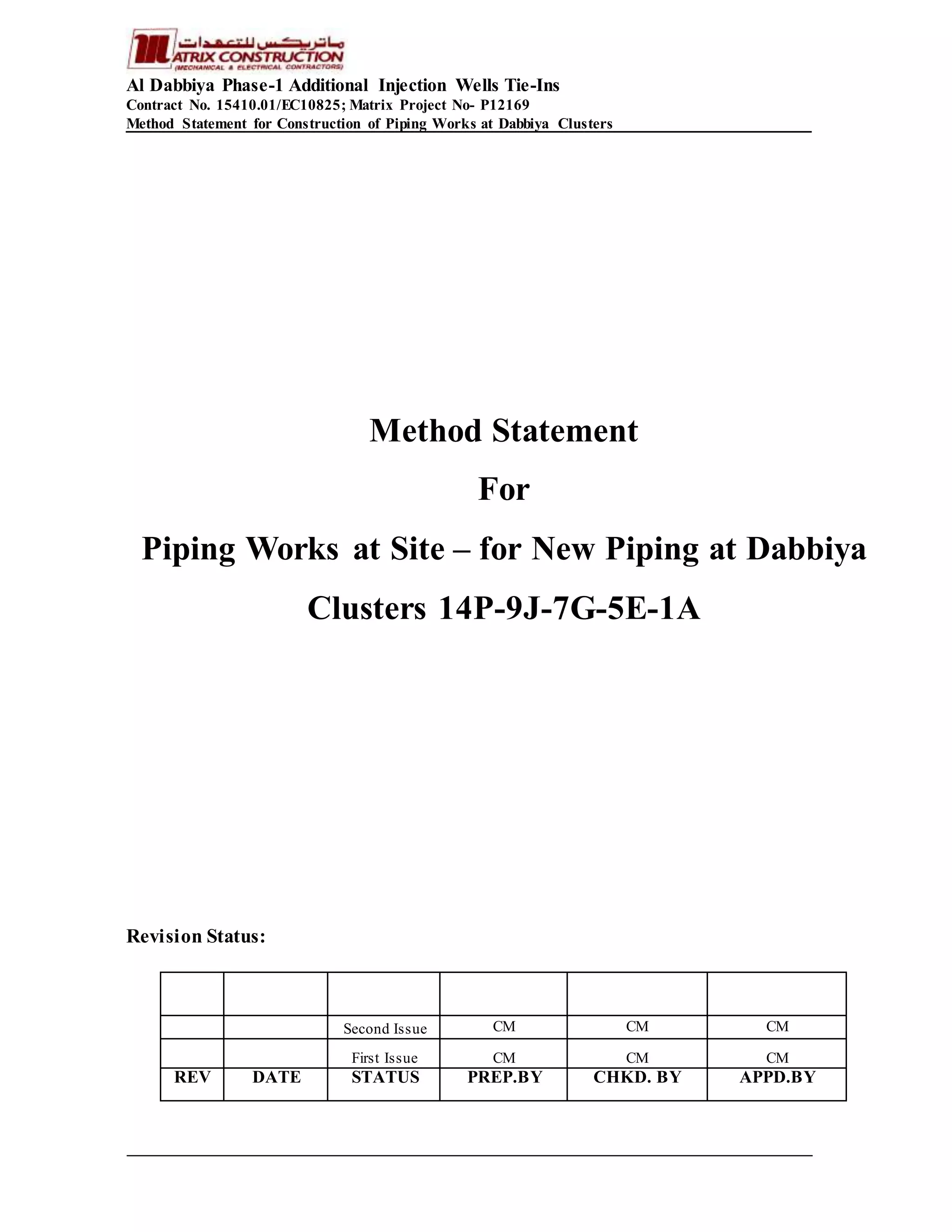 Pipe Works Method Statement Method of statement piping works | DOCX