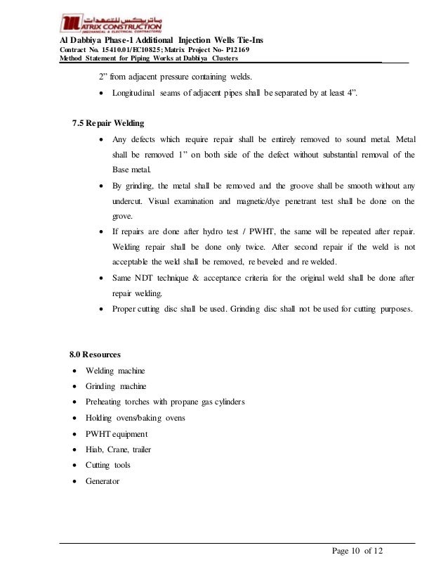 Method of statement piping works
