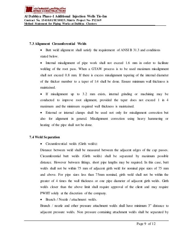 Method of statement piping works