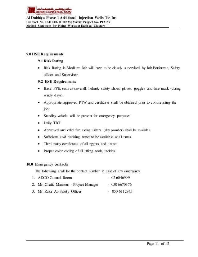 Method statement piping works