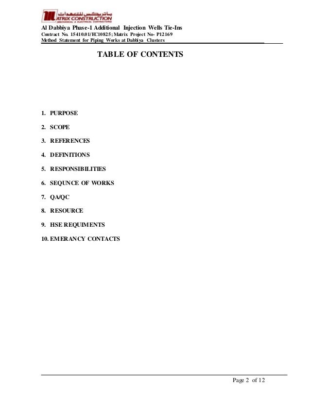 Method statement piping works