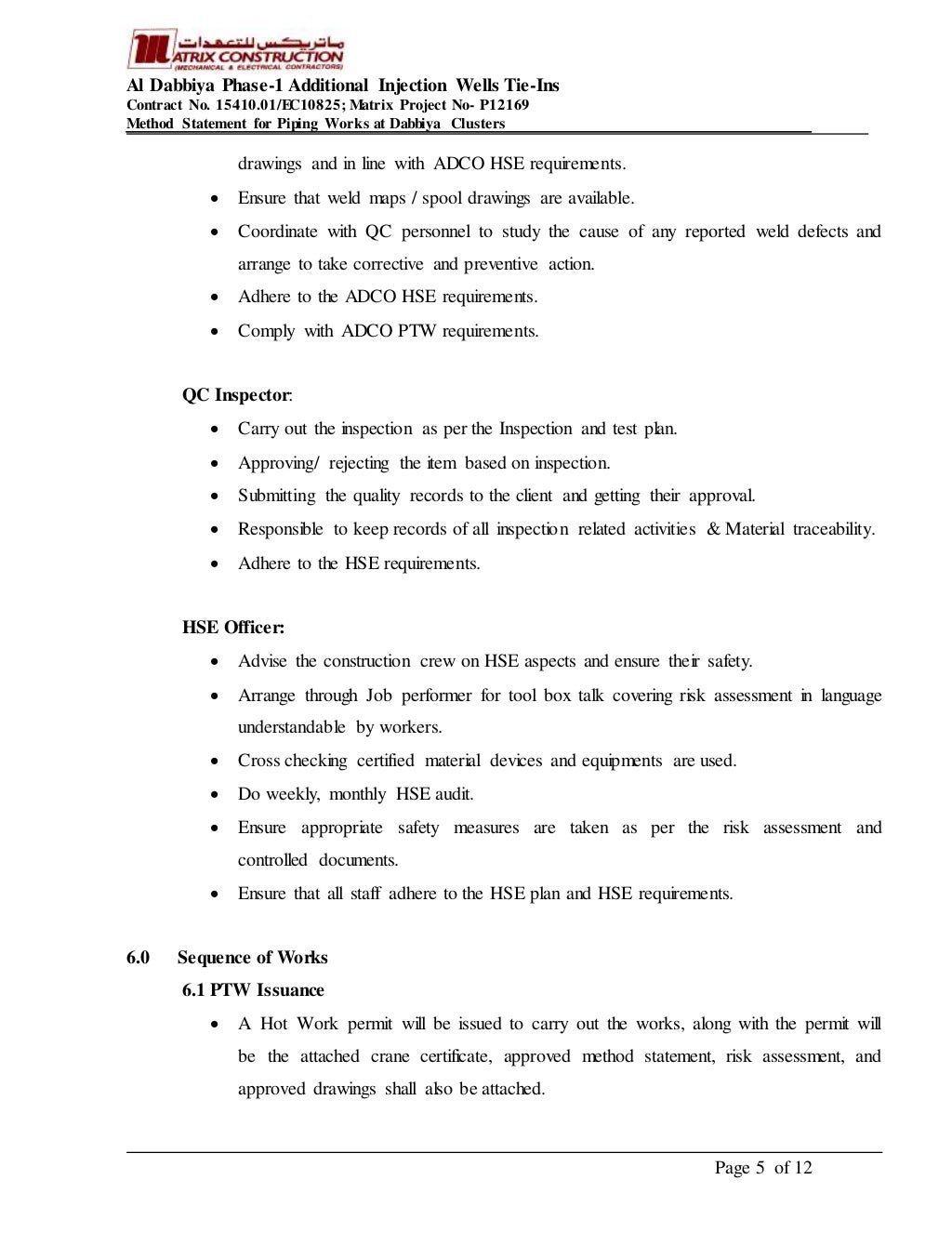 Method statement piping works