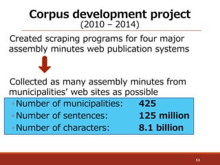 Corpus development project
(2010 – 2014)
Created scraping programs for four major
assembly minutes web publication systems...