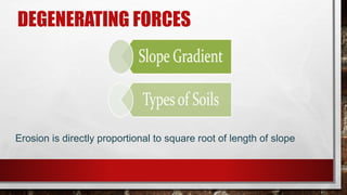DEGENERATING FORCES
Erosion is directly proportional to square root of length of slope
 