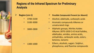 Regions of the Infrared Spectrum for Preliminary
Analysis
 Region (cm-1)
• 3700-3100
• 3100-3000
• 3000-2800
• 1300-1000
• Alcohol, aldehyde, carboxylic acids
• Aromatic compounds Alkenes or
unsaturated rings
• Aliphatic groups, Nitriles Azides
Alkynes 1870-1650 C=O Acid halides,
aldehydes, amides, amino acids,
anhydrides, carboxylic acids, esters,
ketones, lactams
• Ethers, alcohols, sugars Sulphur,
phosphorus, and fluorine compounds
 Possible Compounds Present (or Absent)
 