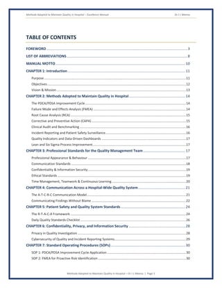 Methods Adopted to Maintain Quality in Hospital – Excellence Manual Dr J L Meena
Methods Adopted to Maintain Quality in Hospital – Dr J L Meena | Page 5
TABLE OF CONTENTS
FOREWORD............................................................................................................................................3
LIST OF ABBREVIATIONS........................................................................................................................8
MANUAL MOTTO.................................................................................................................................10
CHAPTER 1: Introduction.....................................................................................................................11
Purpose...........................................................................................................................................................11
Objectives .......................................................................................................................................................12
Vision & Mission .............................................................................................................................................13
CHAPTER 2: Methods Adopted to Maintain Quality in Hospital........................................................14
The PDCA/PDSA Improvement Cycle..............................................................................................................14
Failure Mode and Effects Analysis (FMEA) .....................................................................................................14
Root Cause Analysis (RCA) ..............................................................................................................................15
Corrective and Preventive Action (CAPA).......................................................................................................15
Clinical Audit and Benchmarking ....................................................................................................................16
Incident Reporting and Patient Safety Surveillance........................................................................................16
Quality Indicators and Data-Driven Dashboards ............................................................................................17
Lean and Six Sigma Process Improvement......................................................................................................17
CHAPTER 3: Professional Standards for the Quality Management Team..........................................17
Professional Appearance & Behaviour ...........................................................................................................17
Communication Standards .............................................................................................................................18
Confidentiality & Information Security...........................................................................................................19
Ethical Standards ............................................................................................................................................19
Time Management, Teamwork & Continuous Learning.................................................................................20
CHAPTER 4: Communication Across a Hospital-Wide Quality System...............................................21
The A-T-C-R-C Communication Model............................................................................................................21
Communicating Findings Without Blame .......................................................................................................22
CHAPTER 5: Patient Safety and Quality System Standards ................................................................24
The R-T-A-C-A Framework ..............................................................................................................................24
Daily Quality Standards Checklist ...................................................................................................................26
CHAPTER 6: Confidentiality, Privacy, and Information Security ........................................................28
Privacy in Quality Investigation ......................................................................................................................28
Cybersecurity of Quality and Incident Reporting Systems..............................................................................29
CHAPTER 7: Standard Operating Procedures (SOPs)..........................................................................30
SOP 1: PDCA/PDSA Improvement Cycle Application ......................................................................................30
SOP 2: FMEA for Proactive Risk Identification................................................................................................30
 