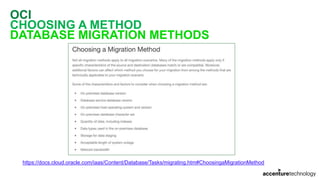 OCI
CHOOSING A METHOD
DATABASE MIGRATION METHODS
https://docs.cloud.oracle.com/iaas/Content/Database/Tasks/migrating.htm#ChoosingaMigrationMethod
 