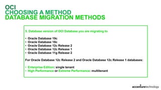 OCI
CHOOSING A METHOD
DATABASE MIGRATION METHODS
5. Database version of OCI Database you are migrating to
• Oracle Database 19c
• Oracle Database 18c
• Oracle Database 12c Release 2
• Oracle Database 12c Release 1
• Oracle Database 11g Release 2
For Oracle Database 12c Release 2 and Oracle Database 12c Release 1 databases:
• Enterprise Edition: single tenant
• High Performance or Extreme Performance: multitenant
 
