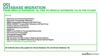 OCI
DATABASE MIGRATION
FROM ORACLE DATABASE 12c CDB TO ORACLE DATABASE 12c IN THE CLOUD
Methods
• Data Pump Conventional Export/Import
• Data Pump Transportable Tablespace
• RMAN Transportable Tablespace with Data Pump
• RMAN CONVERT Transportable Tablespace with Data Pump
• Creating a Backup in the Cloud
• Database Backup Cloud Service
• DataGuard
• RMAN Cross-Platform Transportable Backup Sets
• Data Pump Full Transportable
• Unplugging/Plugging (CDB)
• Remote Cloning (CDB)
• SQL Developer and SQL*Loader to Migrate Selected Objects
• SQL Developer and INSERT Statements to Migrate Selected Objects
• RMAN Cross-Platform Transportable PDB
All methods above also applies for Oracle Database 18c and Oracle Database 19c
 