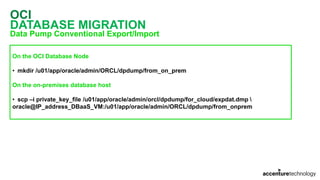 OCI
DATABASE MIGRATION
Data Pump Conventional Export/Import
On the OCI Database Node
• mkdir /u01/app/oracle/admin/ORCL/dpdump/from_on_prem
On the on-premises database host
• scp –i private_key_file /u01/app/oracle/admin/orcl/dpdump/for_cloud/expdat.dmp 
oracle@IP_address_DBaaS_VM:/u01/app/oracle/admin/ORCL/dpdump/from_onprem
 