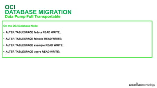 OCI
DATABASE MIGRATION
Data Pump Full Transportable
On the OCI Database Node
• ALTER TABLESPACE fsdata READ WRITE;
• ALTER TABLESPACE fsindex READ WRITE;
• ALTER TABLESPACE example READ WRITE;
• ALTER TABLESPACE users READ WRITE;
 