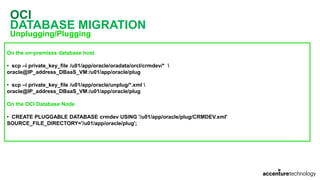 OCI
DATABASE MIGRATION
Unplugging/Plugging
On the on-premises database host
• scp –i private_key_file /u01/app/oracle/oradata/orcl/crmdev/* 
oracle@IP_address_DBaaS_VM:/u01/app/oracle/plug
• scp –i private_key_file /u01/app/oracle/unplug/*.xml 
oracle@IP_address_DBaaS_VM:/u01/app/oracle/plug
On the OCI Database Node
• CREATE PLUGGABLE DATABASE crmdev USING '/u01/app/oracle/plug/CRMDEV.xml'
SOURCE_FILE_DIRECTORY='/u01/app/oracle/plug';
 