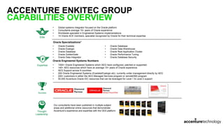 ACCENTURE ENKITEC GROUP
CAPABILITIES OVERVIEW
4
• Global systems integrator focused on the Oracle platform
• Consultants average 15+ years of Oracle experience
• Worldwide specialist in Engineered Systems implementations
• 14 Oracle ACE members, specialist recognized by Oracle for their technical expertise
Elite
Expertise
Oracle Specializations*
• Oracle Exadata
• Oracle Exalogic
• Oracle Database
• Oracle GoldenGate
• Oracle Data Integrator
• Oracle Database
• Oracle Data Warehouse
• Oracle Real Application Cluster
• Oracle Performance Tuning
• Oracle Database Security
Thought
Leadership
Success
Our consultants have been published in multiple subject
areas and additional online resources that demonstrate
Accenture’s experience and expertise with the OES platform
Oracle Engineered Systems Numbers
• 1000+ Oracle Engineered Systems which AEG have configured, patched or supported.
• 140+ AEG resources which have an average 15+ years of Oracle experience
• AEG Support across 9 countries
• 200 Oracle Engineered Systems (Exadata/Exalogic etc) currently under management directly by AEG
• 200+ customers in either the AEG Managed Services program or remoteDBA program
• 50,000 Accenture Oracle IDC resources that can be leveraged for Level 1 & Level 2 support
 